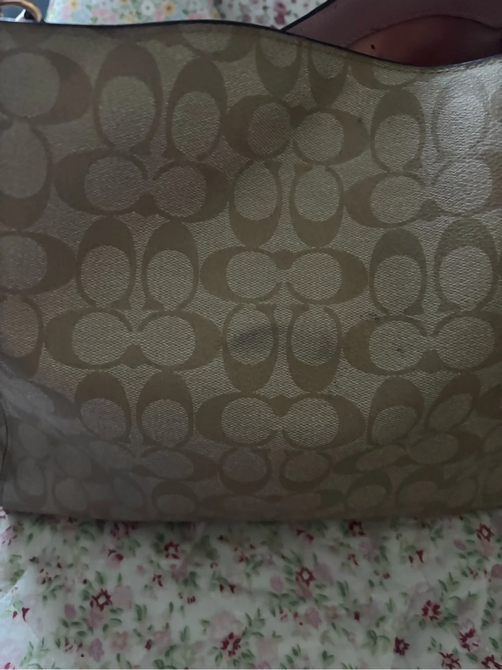Coach Khaki Signature Hobo with Pink Trim